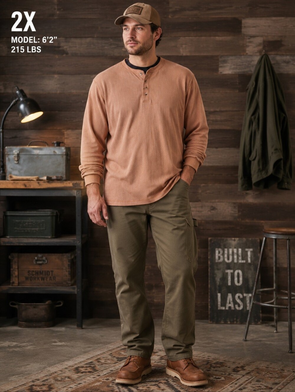 C.E. Schmidt Workwear Thermal Henley Shirt 2X Dusty Rose Waffle Knit Long Sleeve